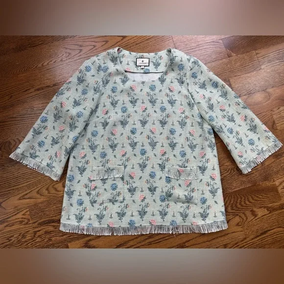 Tuckernuck Jardin Floral Fringe Tunic Top Woven Pastel 3/4 Sleeve Cottage core M - Picture 2 of 9